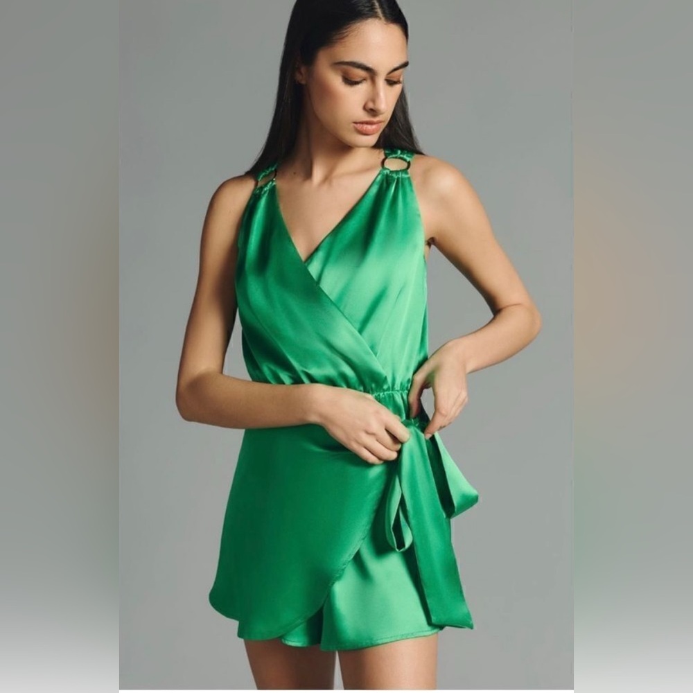 NWT Anthropologie If By Sea Side-Tie Kelly Green V-Neck Wrap Skort Romper Small